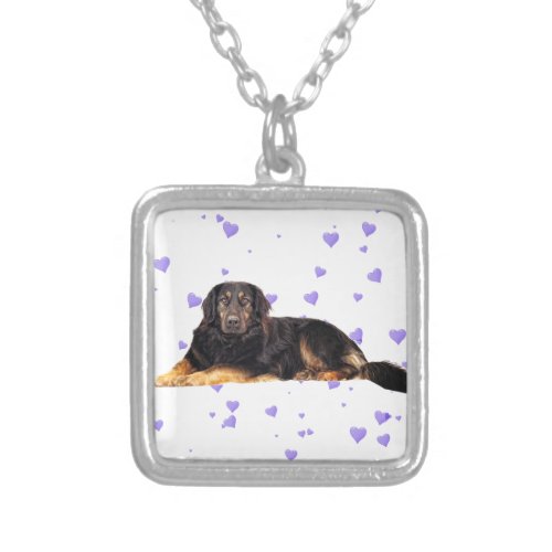 Dog with Falling purple Hearts Silver Plated Necklace