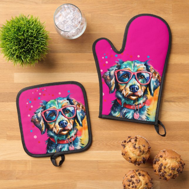 Dog with Glasses Oven Mitt & Pot Holder Set (Top Down)