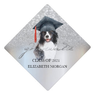 Dog With Grad Cap Silver Glitter Bokeh Graduate