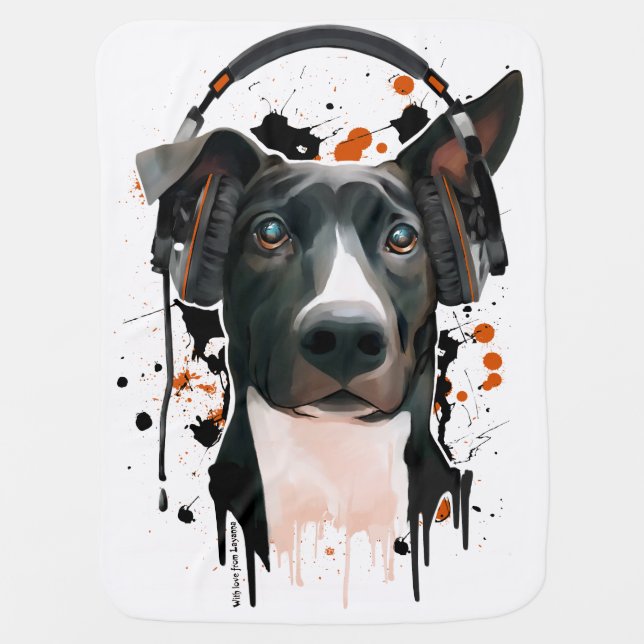 Dog with headphones. music lover swaddle blanket (Front)