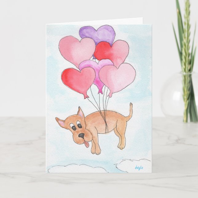 Dog with Heart Balloons Holiday Card (Front)