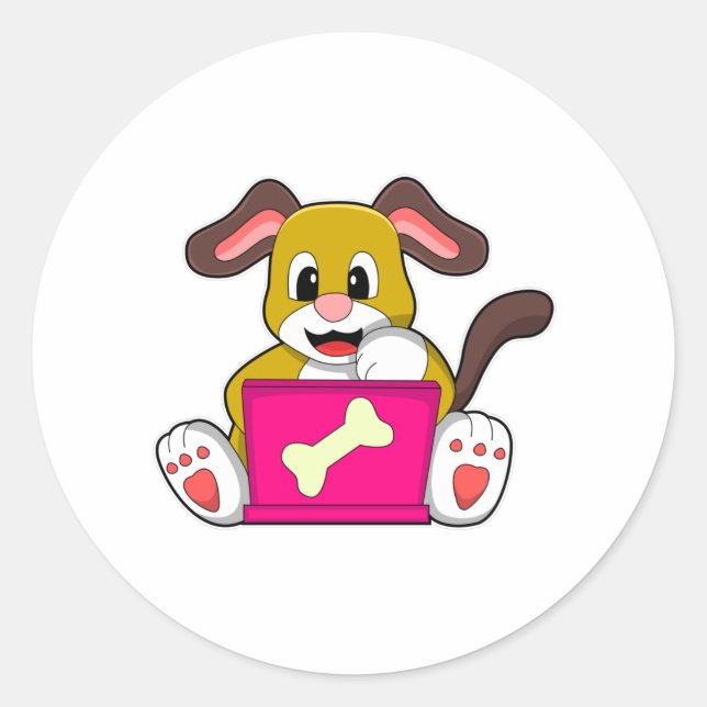 Dog with Laptop Classic Round Sticker (Front)