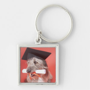 Dog with mortarboard and diploma keychain