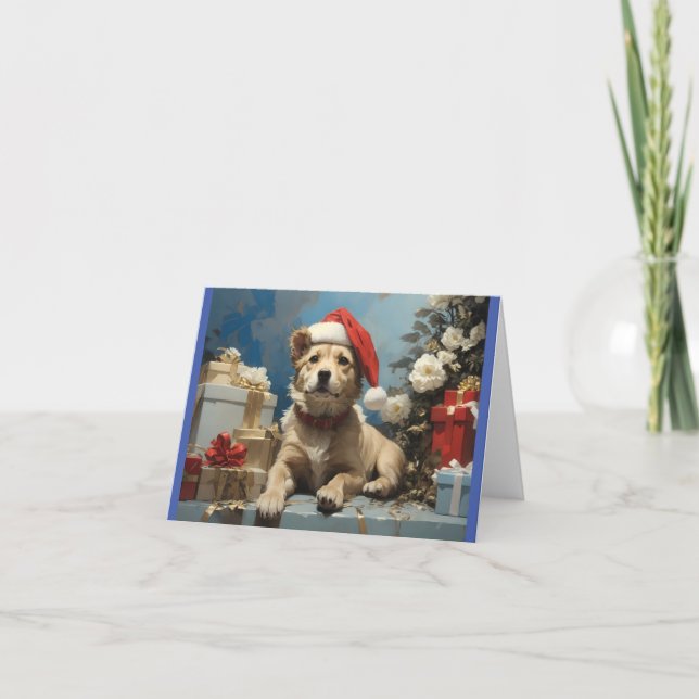 dog with santa hat and many gift boxes letterpress thank you card (Front)