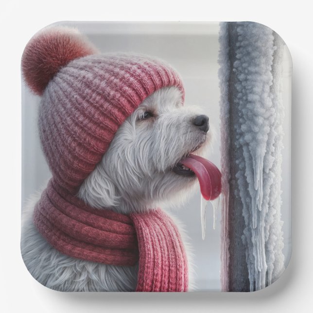Dog With Tongue On Frozen Flag Pole Paper Plates (Front)