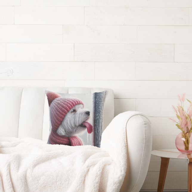 Dog With Tongue On Frozen Pole Throw Pillow (Couch)