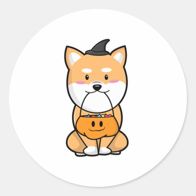 Dog with Trick or Treat Classic Round Sticker (Front)