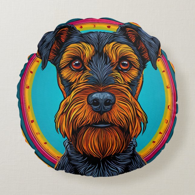 Dog with Vibrant Circular Background Design Round Pillow (Front)