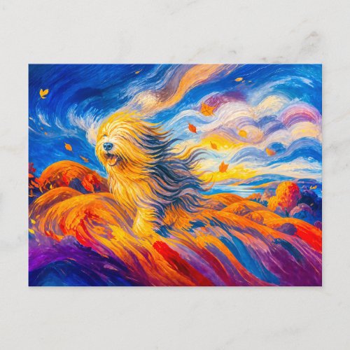Dog with windblown fur on autumn hill postcard
