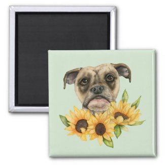 Dog with Yellow Sunflowers Watercolor Magnet