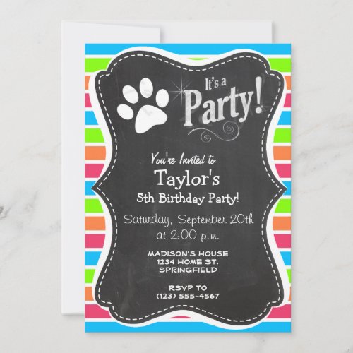 Dog, Woof; Neon Orange Pink Blue Green Stripes Invitations
