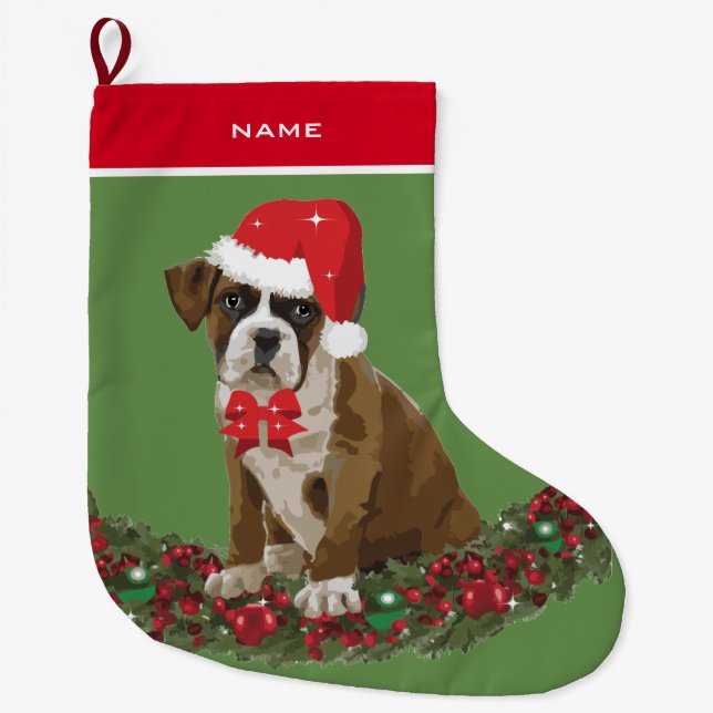 Dog Xmas Cute Boxer Santa hat Christmas Stocking (Front)
