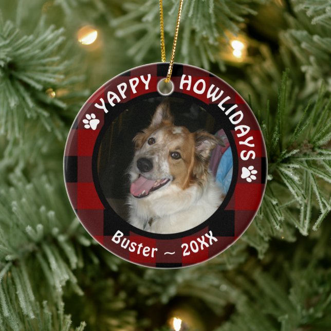 Dog YAPPY HOWLIDAYS Red Buffalo Plaid Photo Ceramic Ornament (Tree)