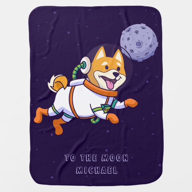 Dogecoin To The Moon Shiba Inu Dog Personalized Baby Blanket (Front)