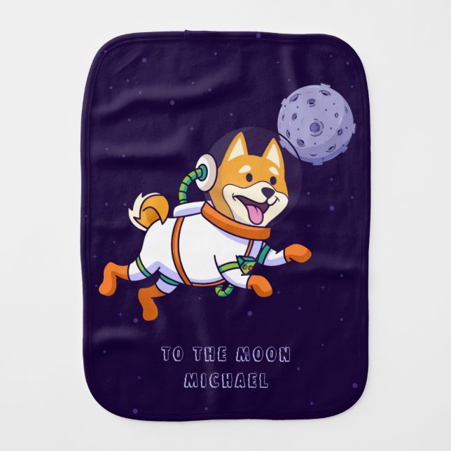 Dogecoin To The Moon Shiba Inu Dog Personalized Baby Burp Cloth (Front)