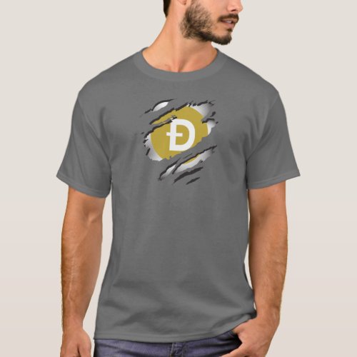 Dogecoin Torn Image w Logo Reveal Underneath T_Shirt