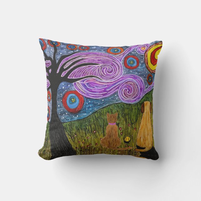 Doggie and Cat Starry Night Outdoor Pillow (Front)
