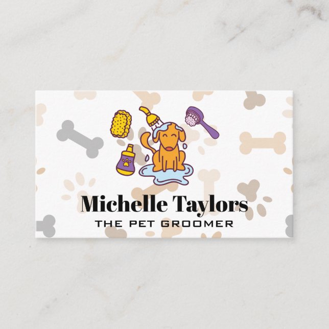 Doggie getting Cleaned | Dog Paw Bones Pattern Business Card (Front)