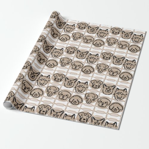 Doggies and bone dog face fine line design brown wrapping paper