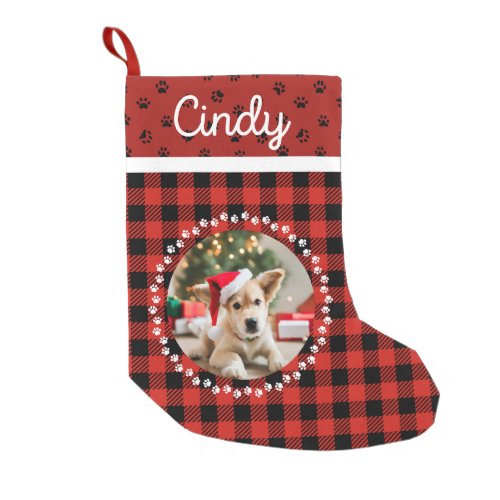 Doggo lovers furry red plaid check rustic paw xmas small christmas stocking