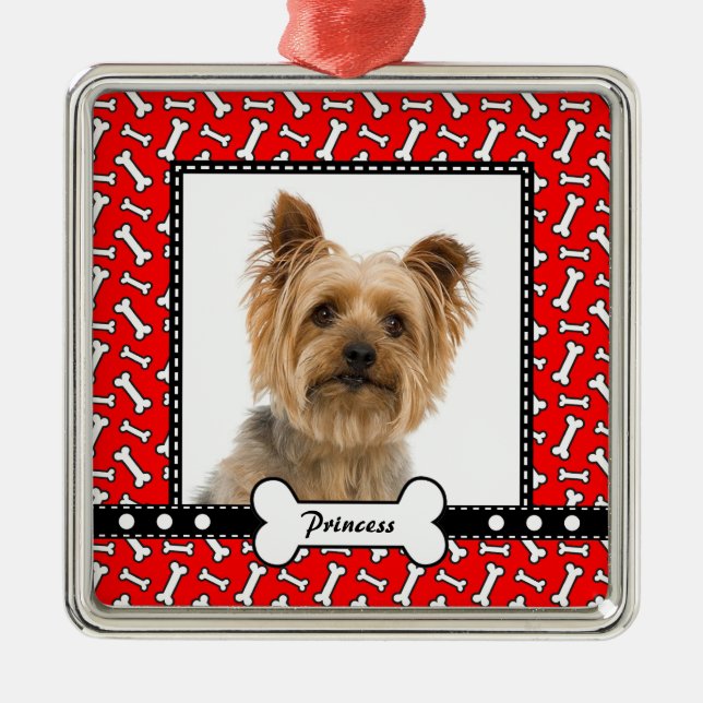 Doggy Gift - Christmas Dog Bone Red Photo Template Metal Ornament (Front)