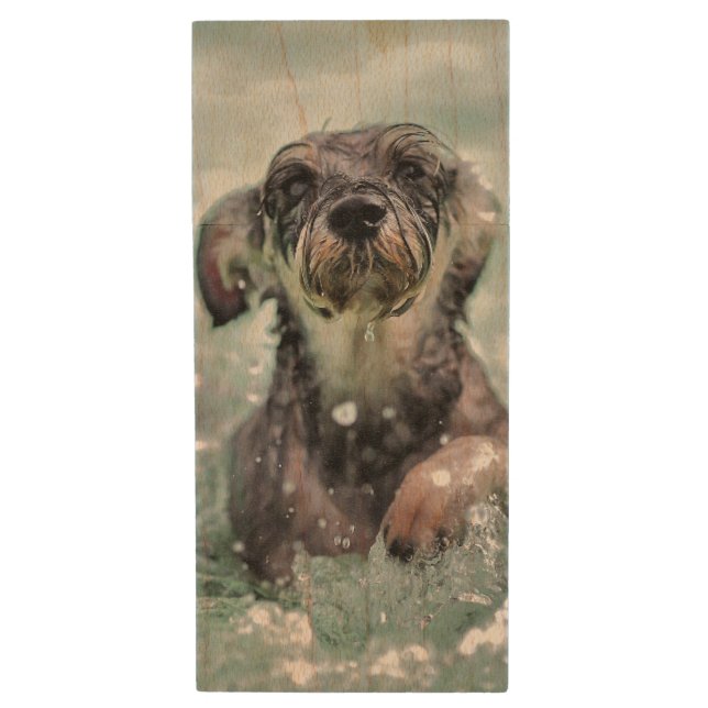 Doggy Paddle Cute Dog Swimming Wood Flash Drive (Front Vertical)