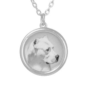 Dogo Argentino Painting - Original Dog Art Silver Plated Necklace