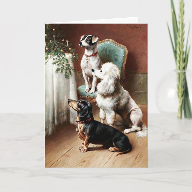 Dogs - A Christmas Treat, artwork by Carl Reichert Holiday Card (Front)