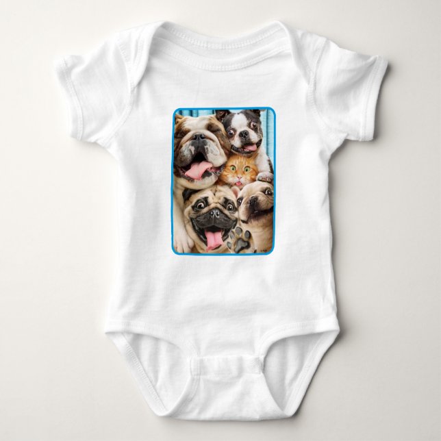 Dogs and a Cat Group Photo Baby Bodysuit (Front)