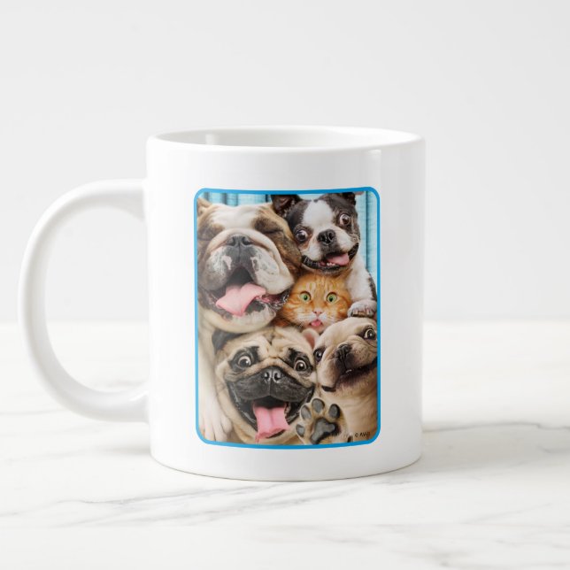 Dogs and a Cat Group Photo Giant Coffee Mug (Left)