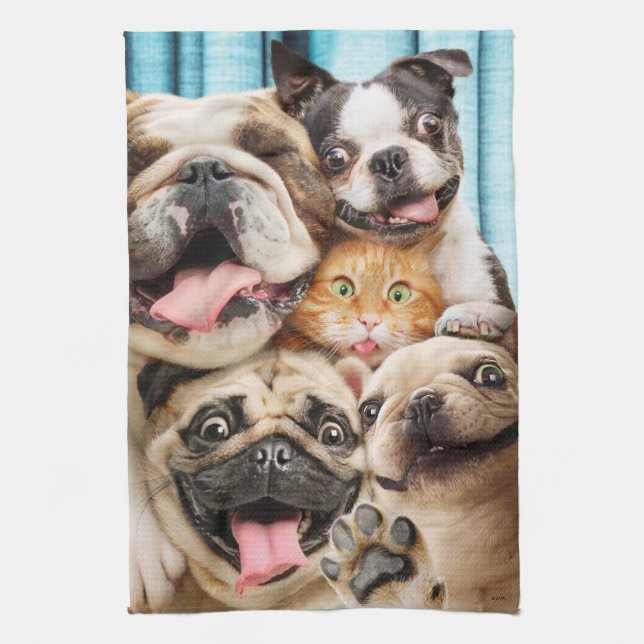 Dogs and a Cat Group Photo Kitchen Towel (Vertical)