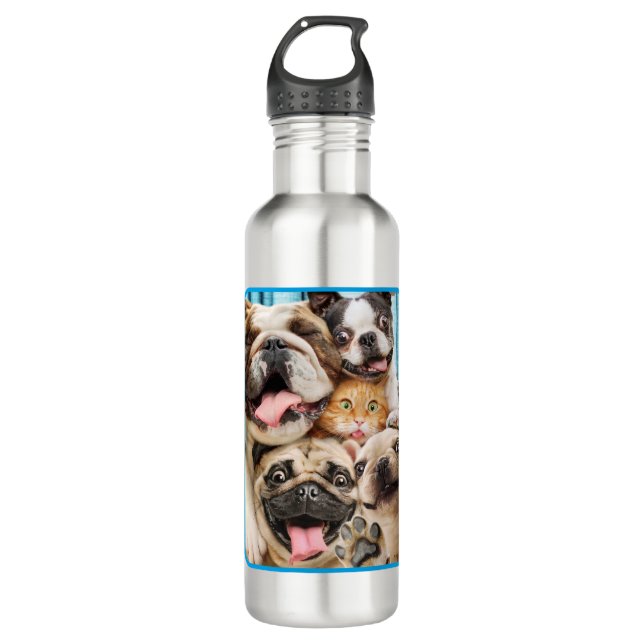 Dogs and a Cat Group Photo Stainless Steel Water Bottle (Front)