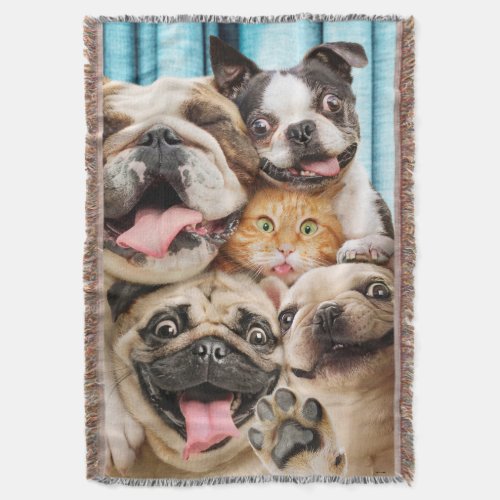 Dogs and a Cat Group Photo Throw Blanket