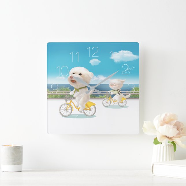 Dogs and Cats Biking by the Sea Square Wall Clock (Home)