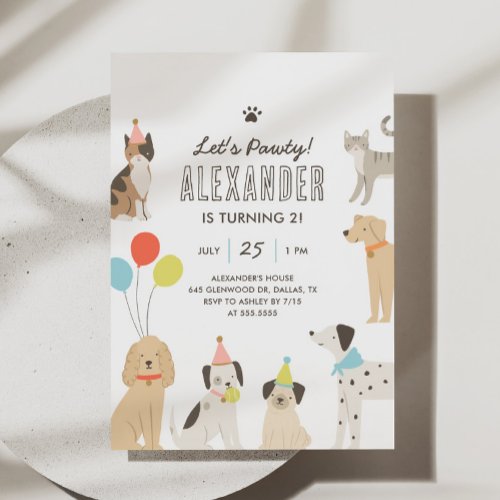 Dogs and Cats Puppy Kitten Lets Pawty Birthday Invitation