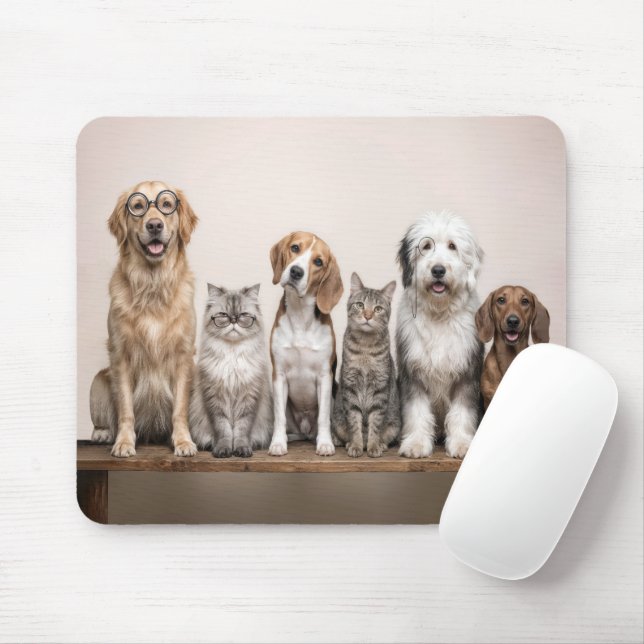 Dogs and Cats with Quirky Glasses Mouse Pad (With Mouse)