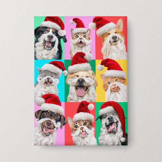 Dogs and Cats with Santa Beard Button (Front)