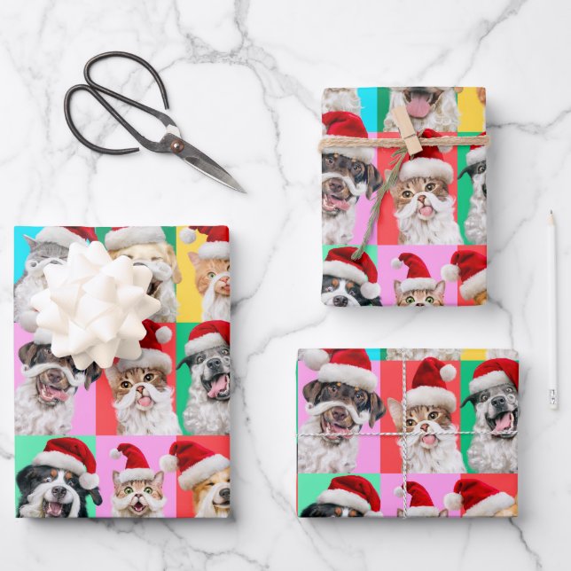 Dogs and Cats with Santa Beard Wrapping Paper Sheets (Front)