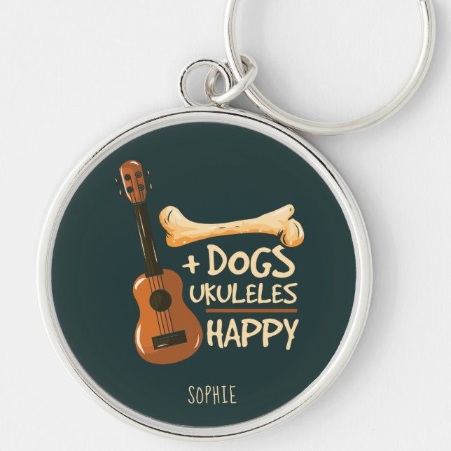 Dogs and Ukuleles Makes Me Happy Personalized Keychain (Front)