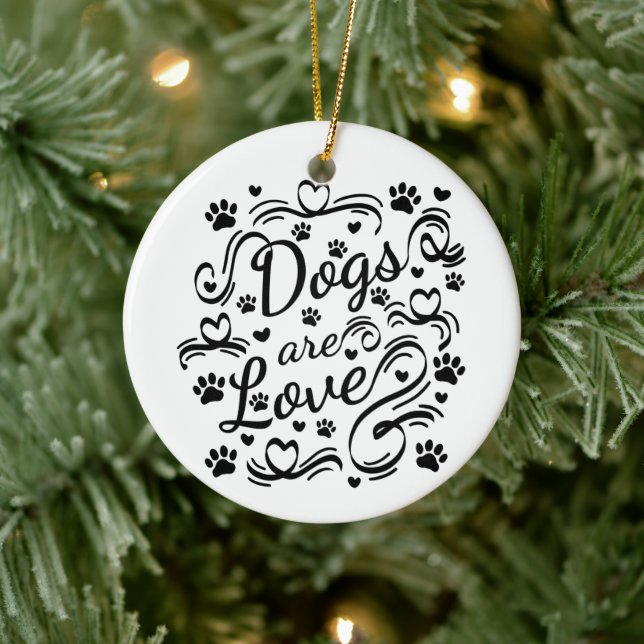 Dogs Are Love Paw And Hearts Typography Ceramic Ornament (Tree)