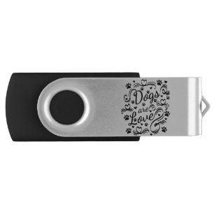 Dogs Are Love Paw And Hearts Typography Flash Drive