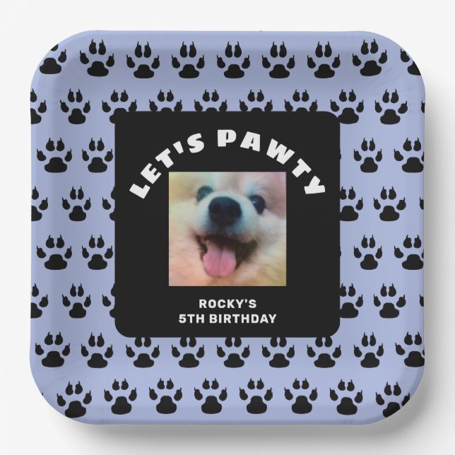 Dogs Birthday Party Blue Paw Prints Custom Photo Paper Plates (Front)