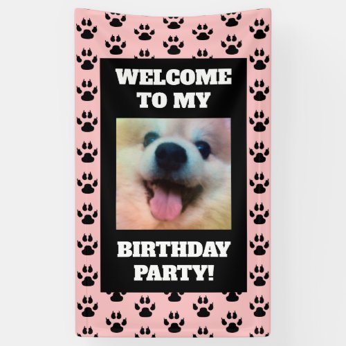 Dogs Birthday Party Photo Pink Black Paw Prints Banner