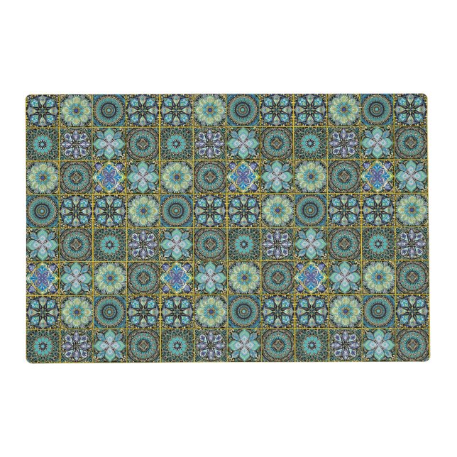 Dog's Blue Green Tile Photo Feeding Placemat (Front)