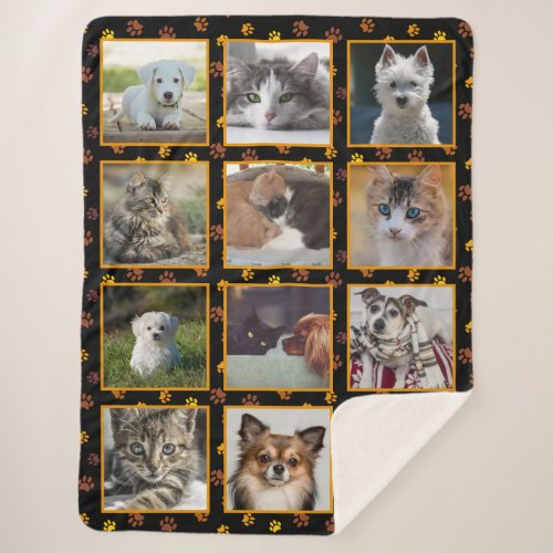 Dogs Cats Autumn Paw Prints Custom Photo Collage Sherpa Blanket
