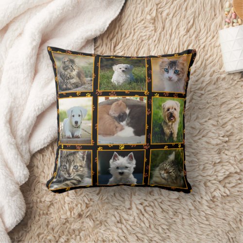Dogs Cats Autumn Paw Prints Pet Photo Collage Throw Pillow