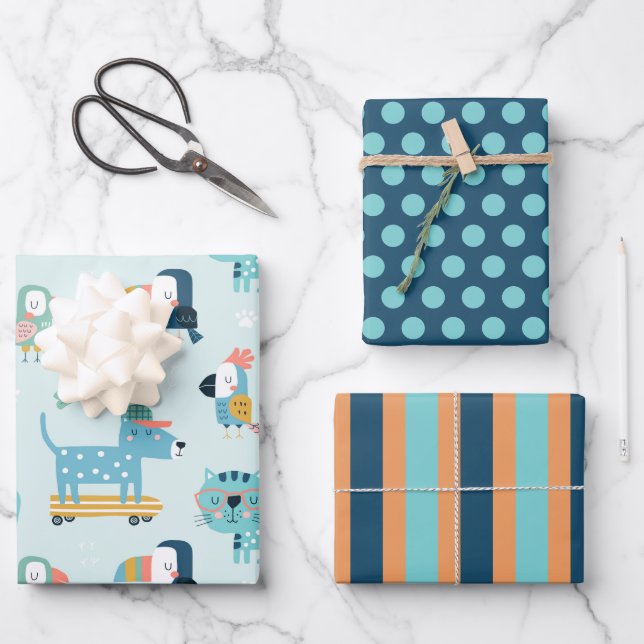 Dogs Cats Birds Wrapping Paper Set (Front)