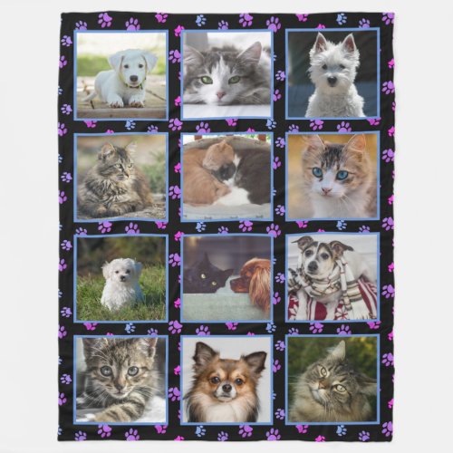 Dogs Cats Blue Purple Pink Paw Prints Pet Photos Fleece Blanket
