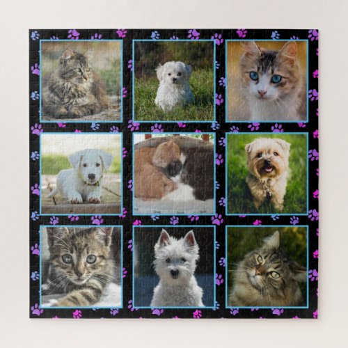 Dogs Cats Blue Purple Pink Paw Prints Pet Photos Jigsaw Puzzle