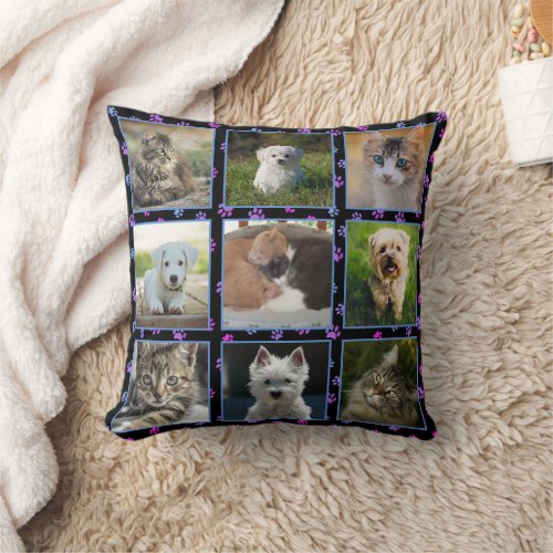 Dogs Cats Blue Purple Pink Paw Prints Pet Photos Throw Pillow